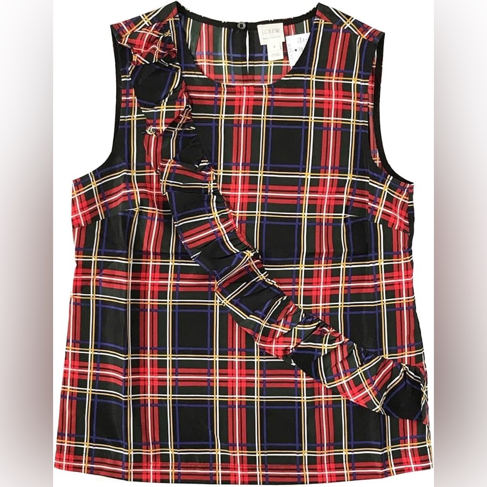 J. Crew Multicolor Plaid Tartan Checker Sleeveless Blouse Preppy - Size 4